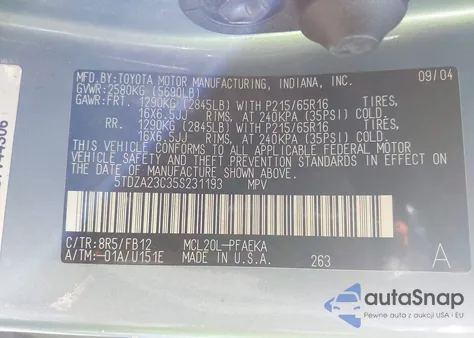 2005 Toyota Sienna Le z USA, uszkodzony, nr VIN 5TDZA23C35S231193